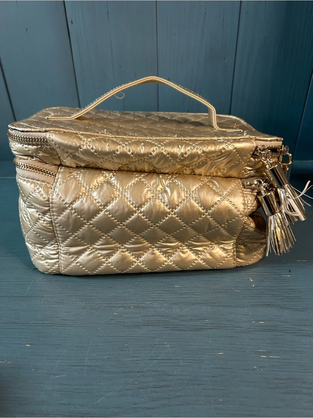 Tartan + Twine Quilted Metallic Cosmetic Train Case - Gold | Double Zipper